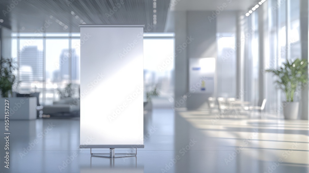 A modern office space featuring a blank roll-up banner on display, characterized by bright lighting and minimalist decor. A modern office space featuring a blank roll-up banner on display, characterized by bright lighting and minimalist decor.