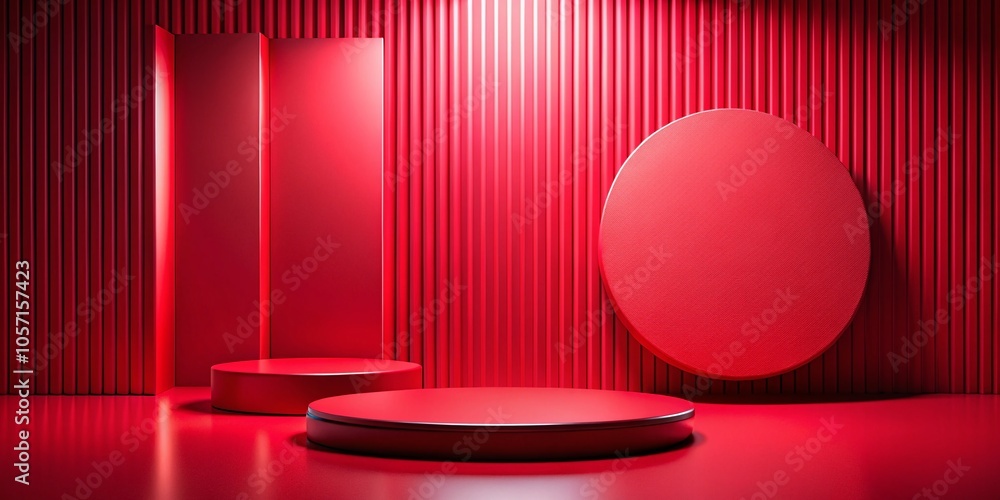 Red Circular Platform with Vertical Panels and Large Oval Background for Modern Design Projects Red Circular Platform with Vertical Panels and Large Oval Background for Modern Design Projects