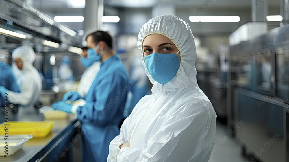 Workers wearing protective gear in a food factory, focus on hygiene and sanitation, clean environment Workers wearing protective gear in a food factory, focus on hygiene and sanitation, clean environment