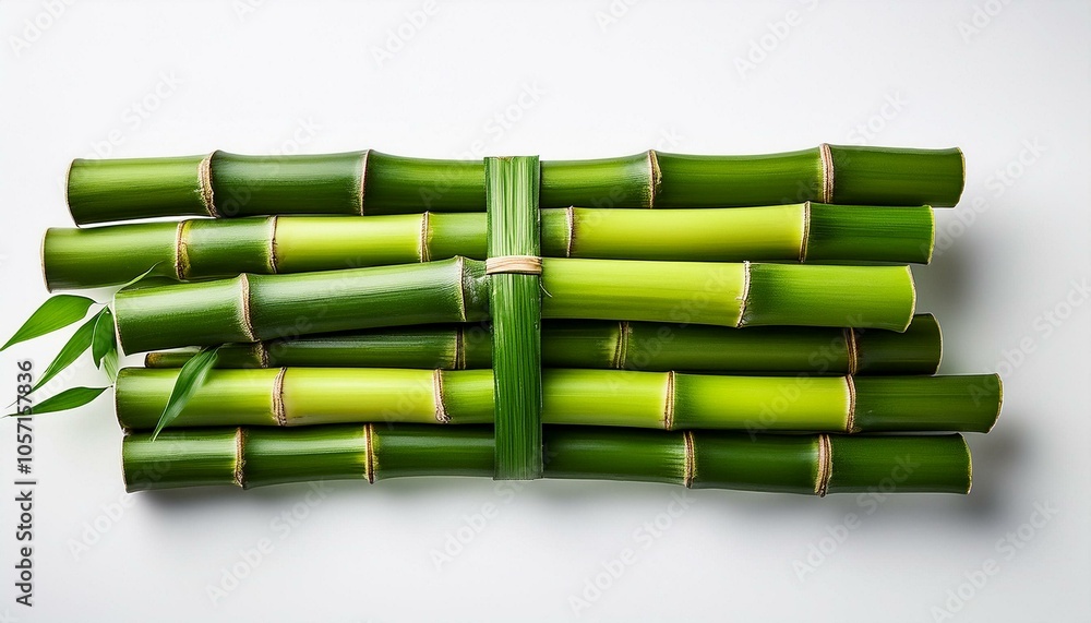 A bundle of vibrant green bamboo stalks on an isolated white background