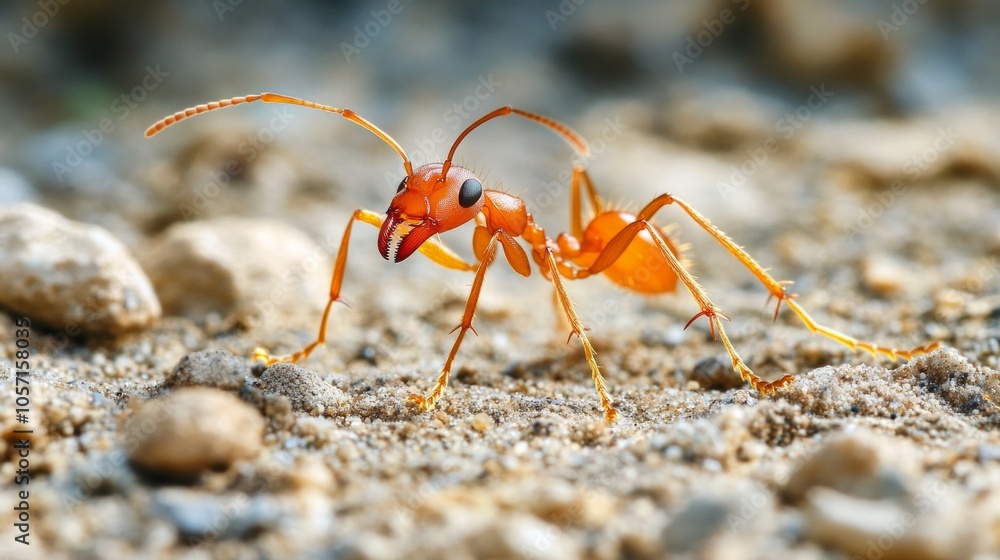 A large red ant is standing on the ground A large red ant is standing on the ground