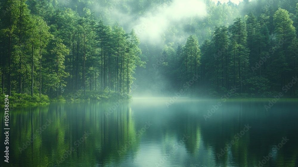 Serene lake surrounded by lush trees and misty atmosphere. Serene lake surrounded by lush trees and misty atmosphere.