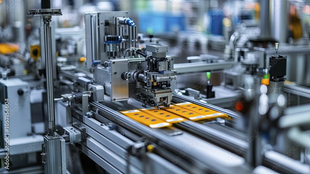 Automated labeling machines in a factory, emphasizing product safety and quality assurance while maintaining a contamination-free setting. Automated labeling machines in a factory, emphasizing product safety and quality assurance while maintaining a contamination-free setting.
