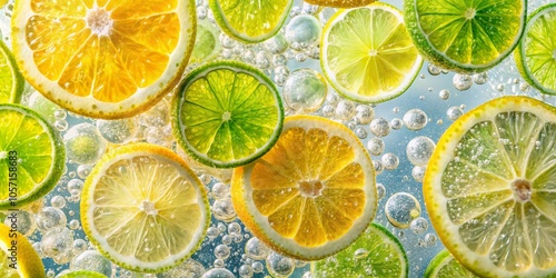 Refreshing Aerial View of Lemon and Lime Slices in Sparkling Water for Summer Drink Inspiration