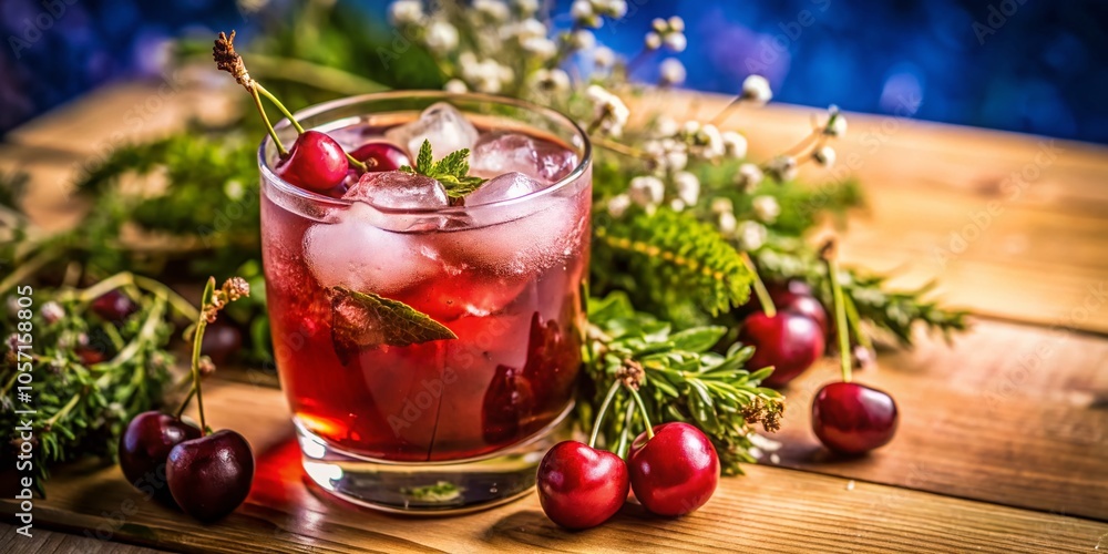 Refreshing Cherry Drink with Ice and Thyme Sprig - A Vibrant Summer Beverage to Quench Your Thirst Refreshing Cherry Drink with Ice and Thyme Sprig - A Vibrant Summer Beverage to Quench Your Thirst