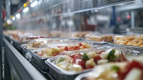 Detailed view of frozen meals being packaged in a factory, highlighting additives, with a chilly environment surrounding the process.