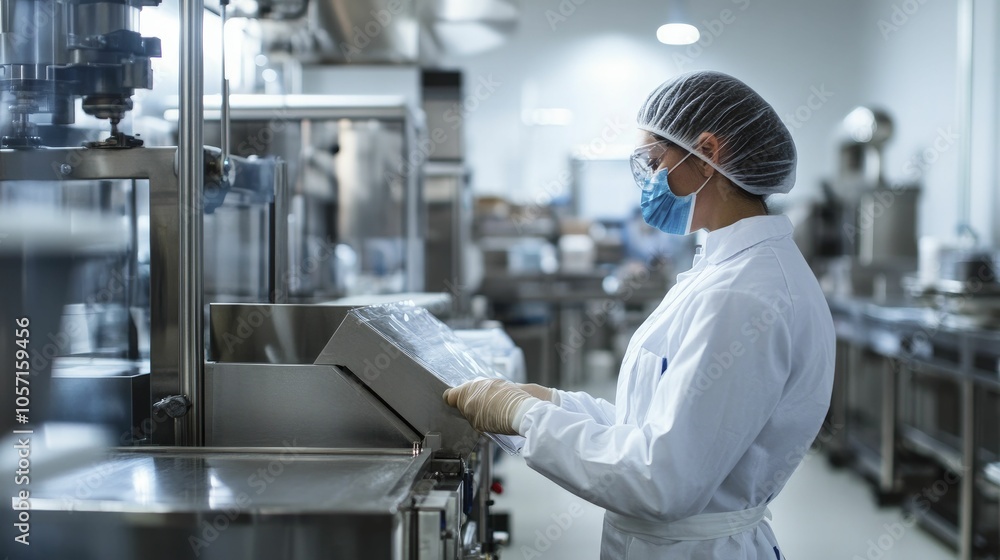 Factory worker monitoring food packaging machines, clean and efficient layout, focus on hygiene Factory worker monitoring food packaging machines, clean and efficient layout, focus on hygiene