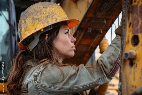 A woman in a hard hat and work clothes operating heavy machinery on a construction site. photo