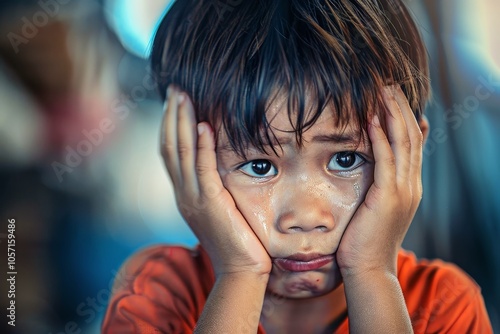 An upset little boy showing his emotions. photo