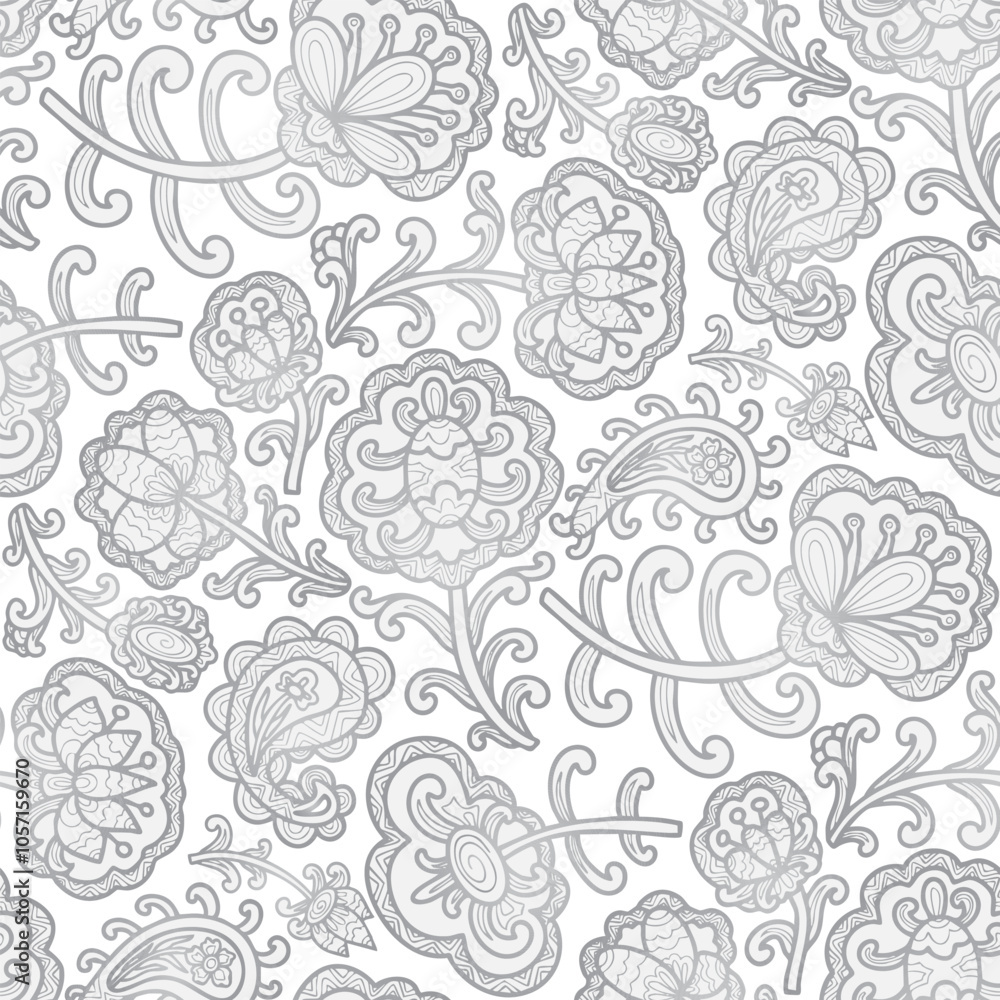 Fototapeta premium Swirl flowers, paisley pattern, white and grey colours. Seamless floral pattern-471.