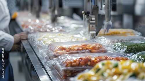 Frozen processed food sealed in packaging, chilled environment, emphasizing durability for extended storage.
