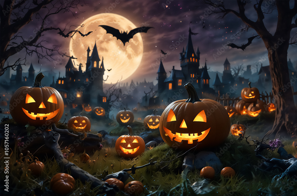 Enchanting Halloween Night Scene with a Glowing Full Moon Over a Dark, Mystical Forest – Central Witch Casting Spells Amidst Pumpkins, Floating Ghosts, Bats, and Jack-O'-Lanterns in a Vibrant Enchanting Halloween Night Scene with a Glowing Full Moon Over a Dark, Mystical Forest – Central Witch Casting Spells Amidst Pumpkins, Floating Ghosts, Bats, and Jack-O'-Lanterns in a Vibrant
