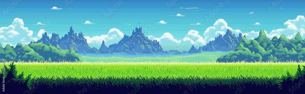 Obraz premium Evil castle and monstrous creatures in a vibrant grassland landscape, surrounded by majestic mountains, showcasing a rich and bright color palette, ideal for 2D games with flat design 