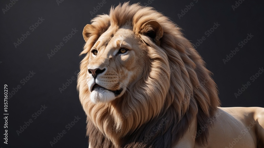 Naklejka premium Dreamy look of Asian lion in autumn fallen leaves, lying on rocky background. King of beasts, biggest cat of world. Most dangerous and mighty predator of world. Wild beauty of nature