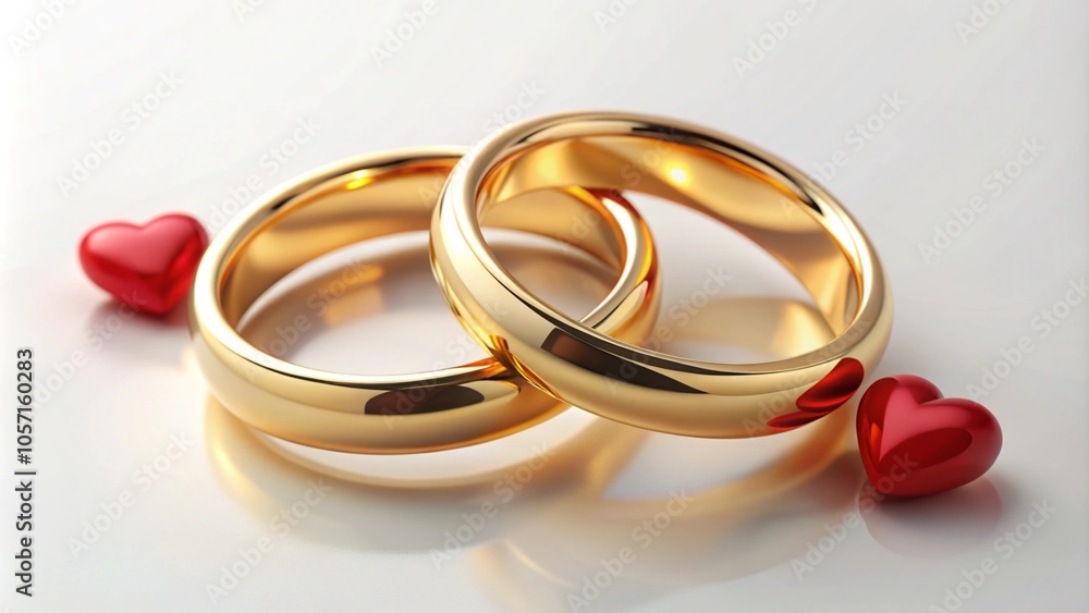 A pair of intertwined gold wedding rings with small red hearts floating above them, symbolizing eternal love A pair of intertwined gold wedding rings with small red hearts floating above them, symbolizing eternal love