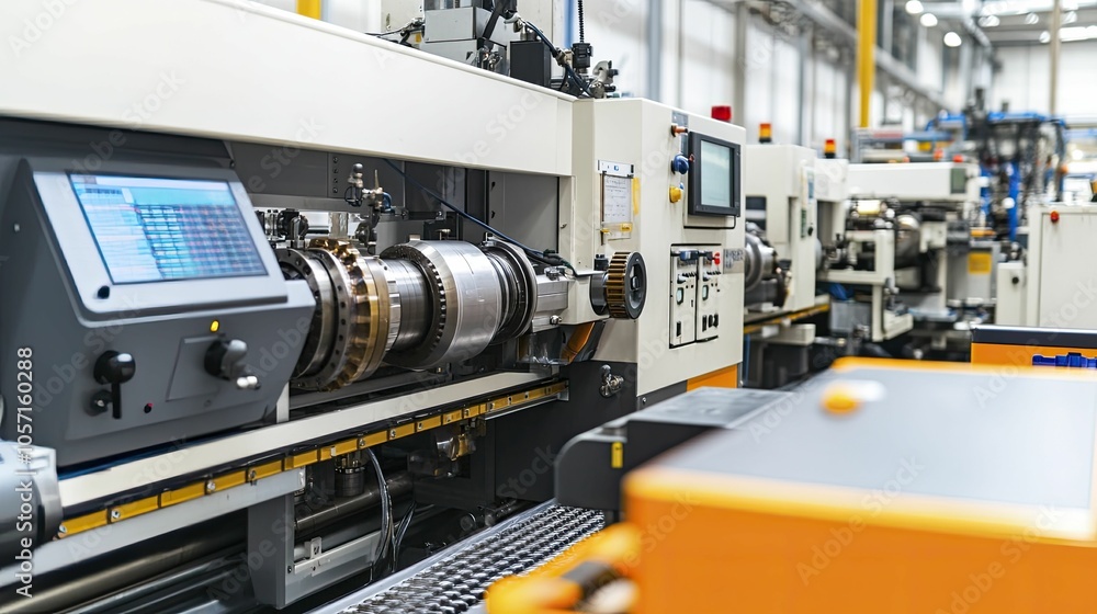 Machinery in a high-output factory, focus on maximizing efficiency, modern industrial setting Machinery in a high-output factory, focus on maximizing efficiency, modern industrial setting