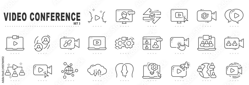 Set of video conference line icons. Meeting, online, live, call etc. Editable stroke. Set 3 Set of video conference line icons. Meeting, online, live, call etc. Editable stroke. Set 3