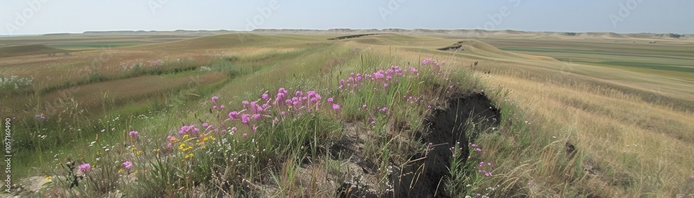 A field of flowers with a dirt road in the background A field of flowers with a dirt road in the background