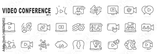 Set of video conference line icons. Meeting, online, live, call etc. Editable stroke. Set 3