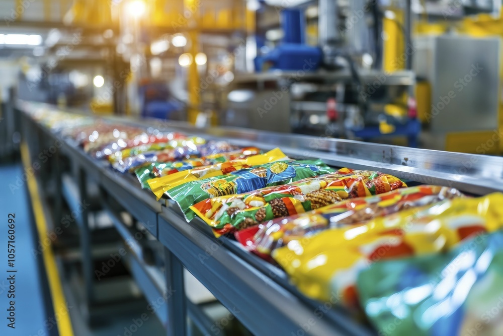 Packaged junk food in a brightly lit factory, focus on processing techniques, vibrant product packaging