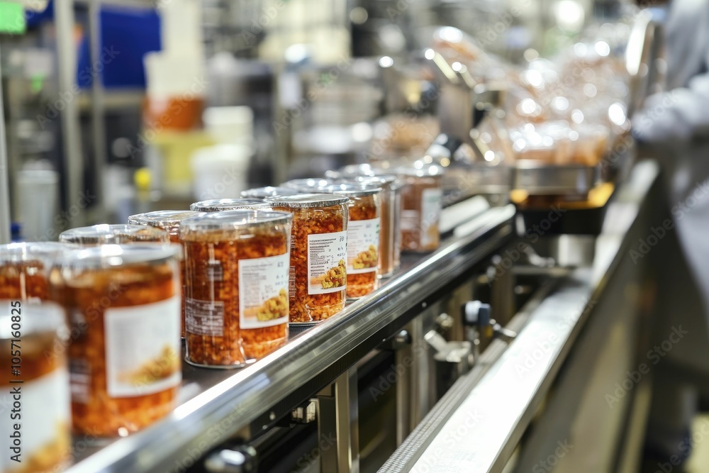 Processed food being packaged and labeled in a clean factory, efficient workflow, metallic textures Processed food being packaged and labeled in a clean factory, efficient workflow, metallic textures