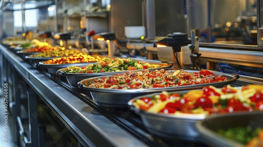 Processed food on conveyor belts in a factory, focus on hygiene and preservation, bright lighting Processed food on conveyor belts in a factory, focus on hygiene and preservation, bright lighting