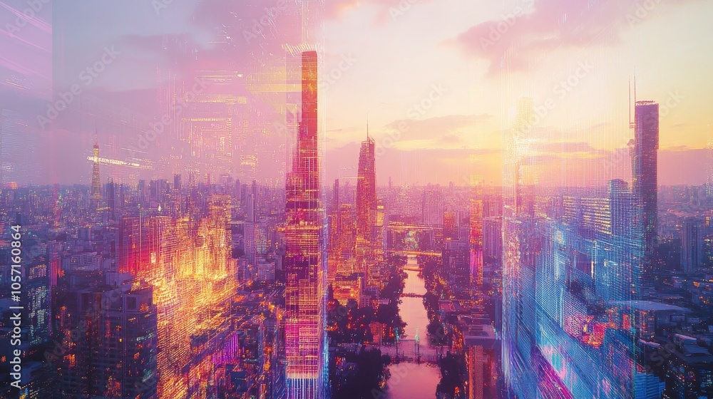 Obraz premium Futuristic Cityscape at Sunset with Vibrant Lights and Skyscrapers Reflecting on a Serene River