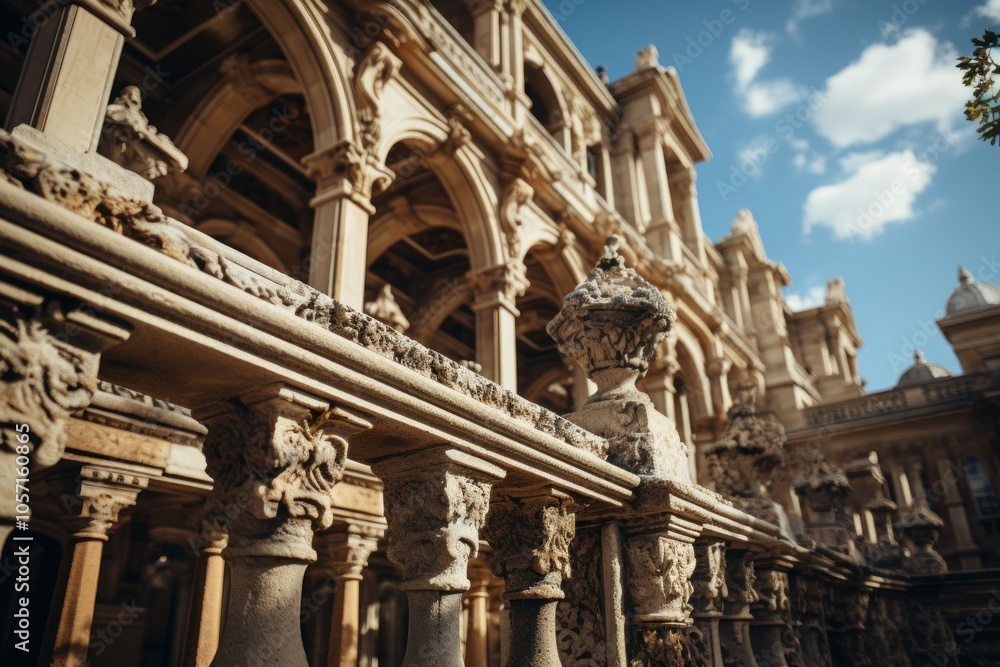 Detailed architectural structure with ornate columns and arches under a clear sky. Detailed architectural structure with ornate columns and arches under a clear sky.