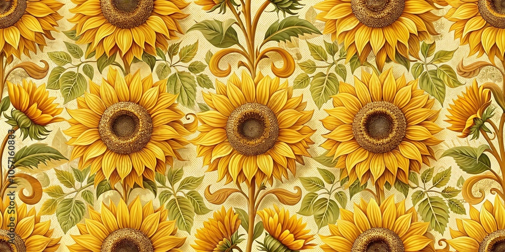 Retro Yellow Sunflowers Pattern for Fabric and Wallpaper Design in Vintage Ogee Style Retro Yellow Sunflowers Pattern for Fabric and Wallpaper Design in Vintage Ogee Style