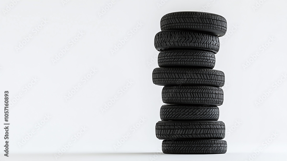 A tall stack of black tires, neatly arranged and isolated on a white background A tall stack of black tires, neatly arranged and isolated on a white background