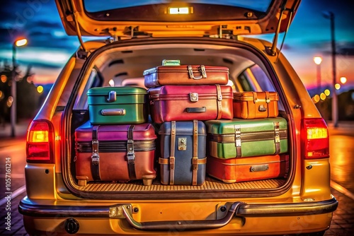 Wallpaper Mural Road Trip Ready: A Stack of Colorful Suitcases in a Car Trunk for Adventure Torontodigital.ca