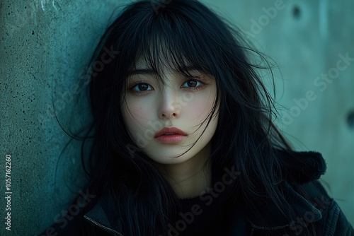 Close-up portrait of a young woman with dark hair and deep eyes, leaning against a textured wall.