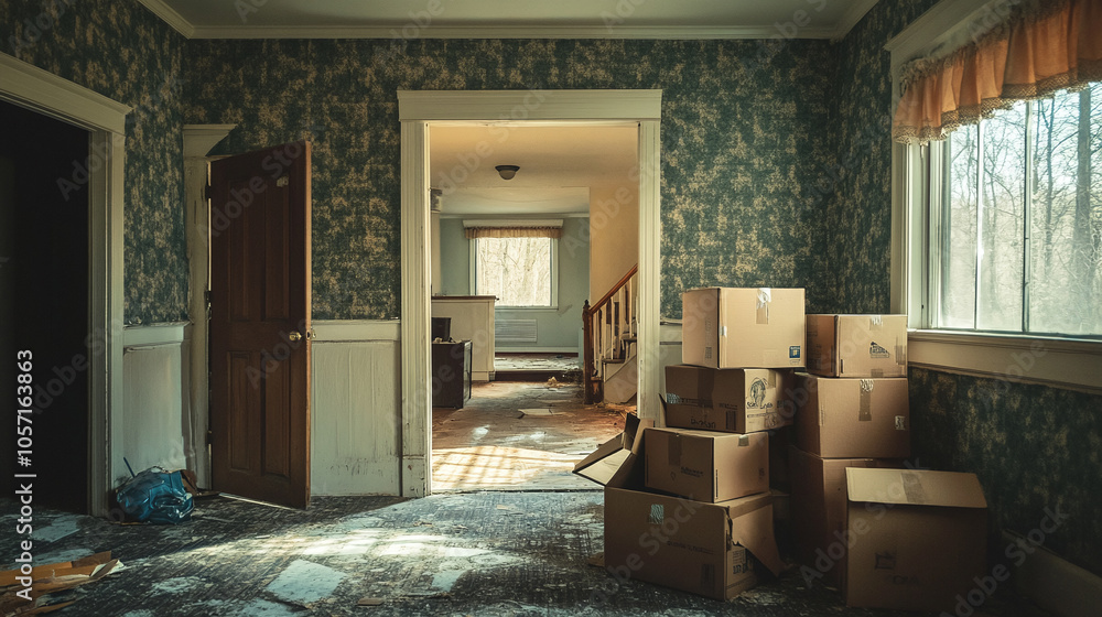 An empty family home with half-packed boxes, illustrating the transition of a divorce. An empty family home with half-packed boxes, illustrating the transition of a divorce.
