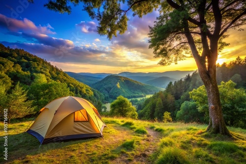 Scenic Camping Tent in Nature: Ideal Resting Landscape with Lush Greenery and Tranquil Atmosphere