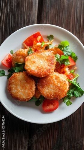 Breaded chicken patties are served on a white plate with fresh tomatoes and herbs on a dark wooden table