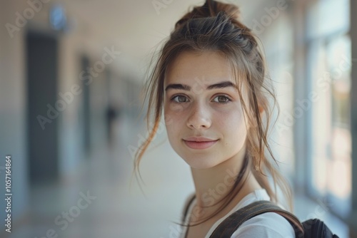 Portrait of a smiling beautiful girl with a backpack and looking at the camera against the background of a school corridor. 