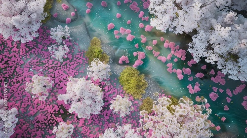: An aerial view of Chidorigafuchi's riverbank, where a sea of cherry blossoms meets patches of pink violets, showcasing the vibrant colors of spring from above.
