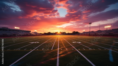 A vibrant sunset over a football field, highlighting the lines and goalposts.