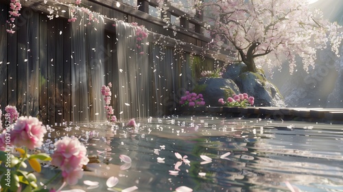 : Cherry blossoms cascading over a wooden bridge, their petals drifting down to the water below, with pink violets softly blooming along the edges.