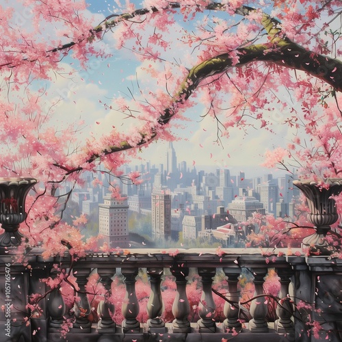 : Cherry blossoms framing a view of the distant skyline, their petals falling gently, while pink vio --v 6.0 - Upscaled (Subtle) by @Fahad Ahmad (relaxed)