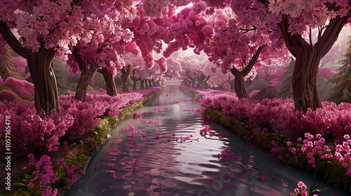 : Cherry blossoms forming a pink arch over a tranquil stream, with pink violets lining the banks, creating a tunnel of blossoms and color.