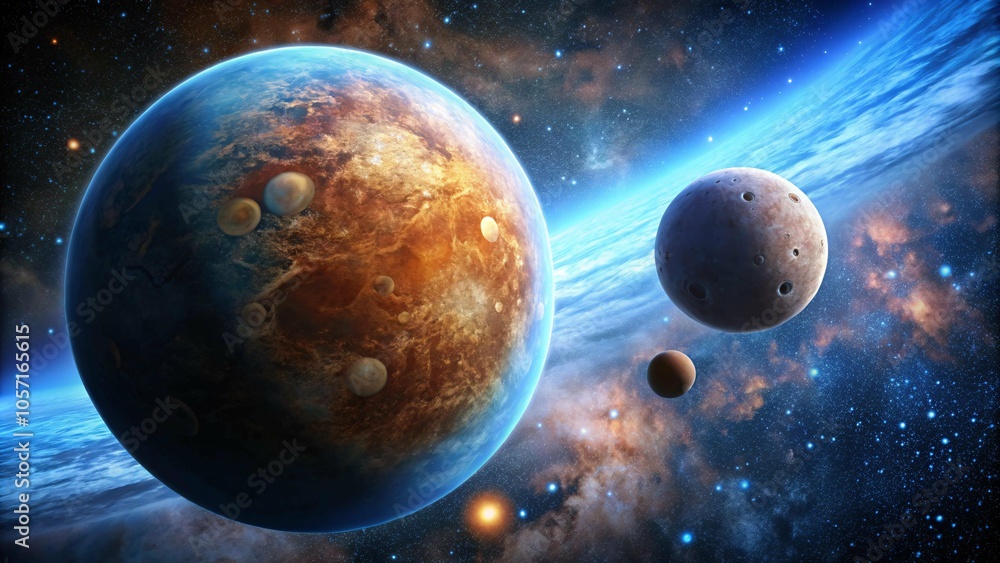 Obraz premium A depiction of a planetary system with a large planet, a smaller moon, a small planet, and a star, all set against a backdrop of stars and a blue nebula.