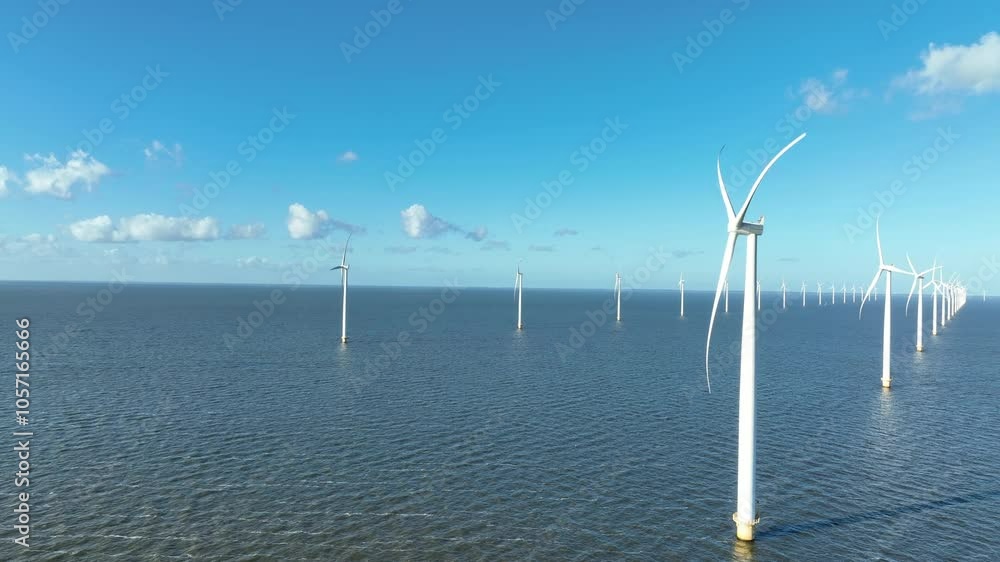 Off shore windturbines producing sustainable energy in a wind park surrounded by water. Off shore windturbines producing sustainable energy in a wind park surrounded by water.