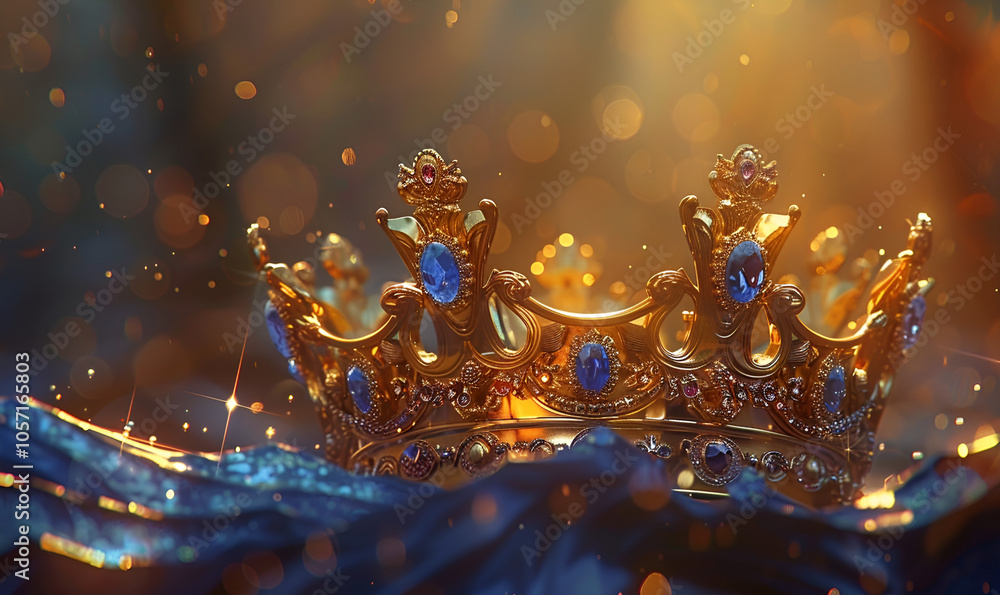 Golden crown with jewels and gems, the king's royal diadem, a royal banner, blurred background, medieval fantasy, Generative AI
Golden crown with jewels and gems, the king's royal diadem, a royal banner, blurred background, medieval fantasy, Generative AI