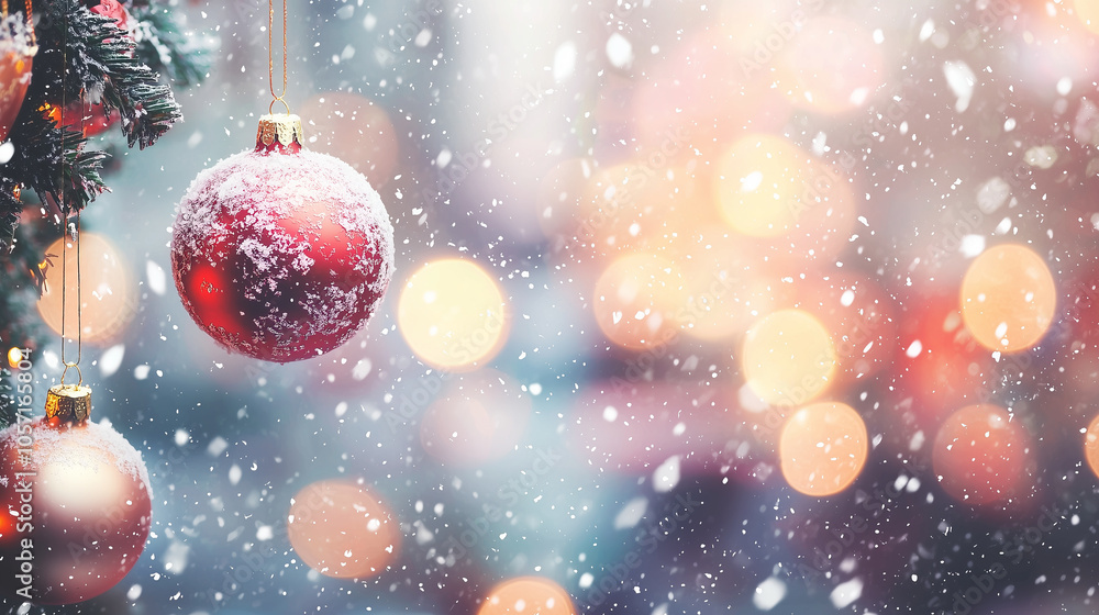 Red Christmas bauble covered in snow with bokeh lights.. Red Christmas bauble covered in snow with bokeh lights..
