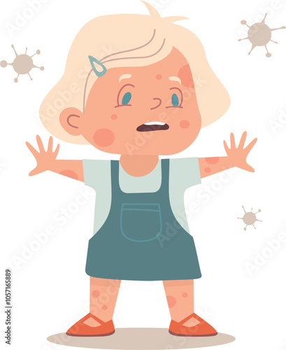 kids_sickDiseases that spread in kindergartens. Girl  in daycare suffering from skin spots. HFMD, allergy, diathesis, irritation, spots, chickenpox, skin, acne, enterovirus
