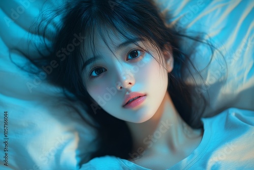 Asian women opened eyes lying on the bed have an insomnia problems, Generative AI