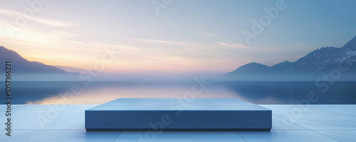 Modern minimalist futuristic architectural space featuring a sleek square platform designed for advertising. The innovative design emphasizes clean lines, open space, 