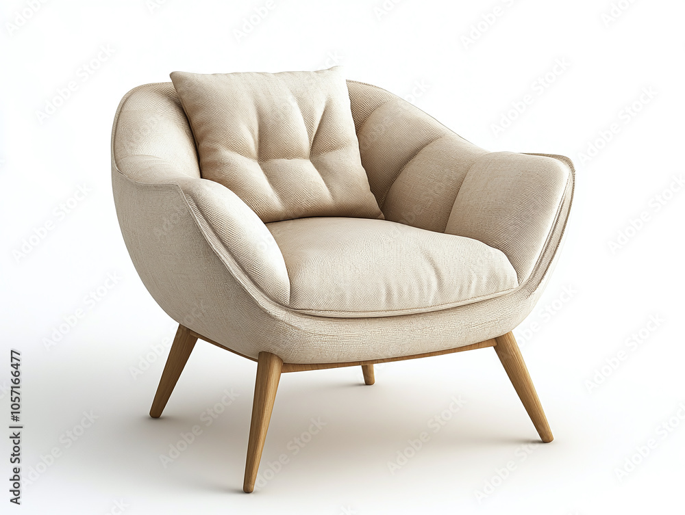 Fototapeta premium Mid-Century Modern Tufted Velvet Armchair with Wooden Legs