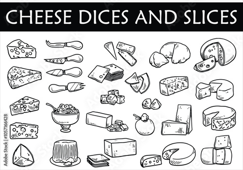 Cheese dices and slices silhouette vector.